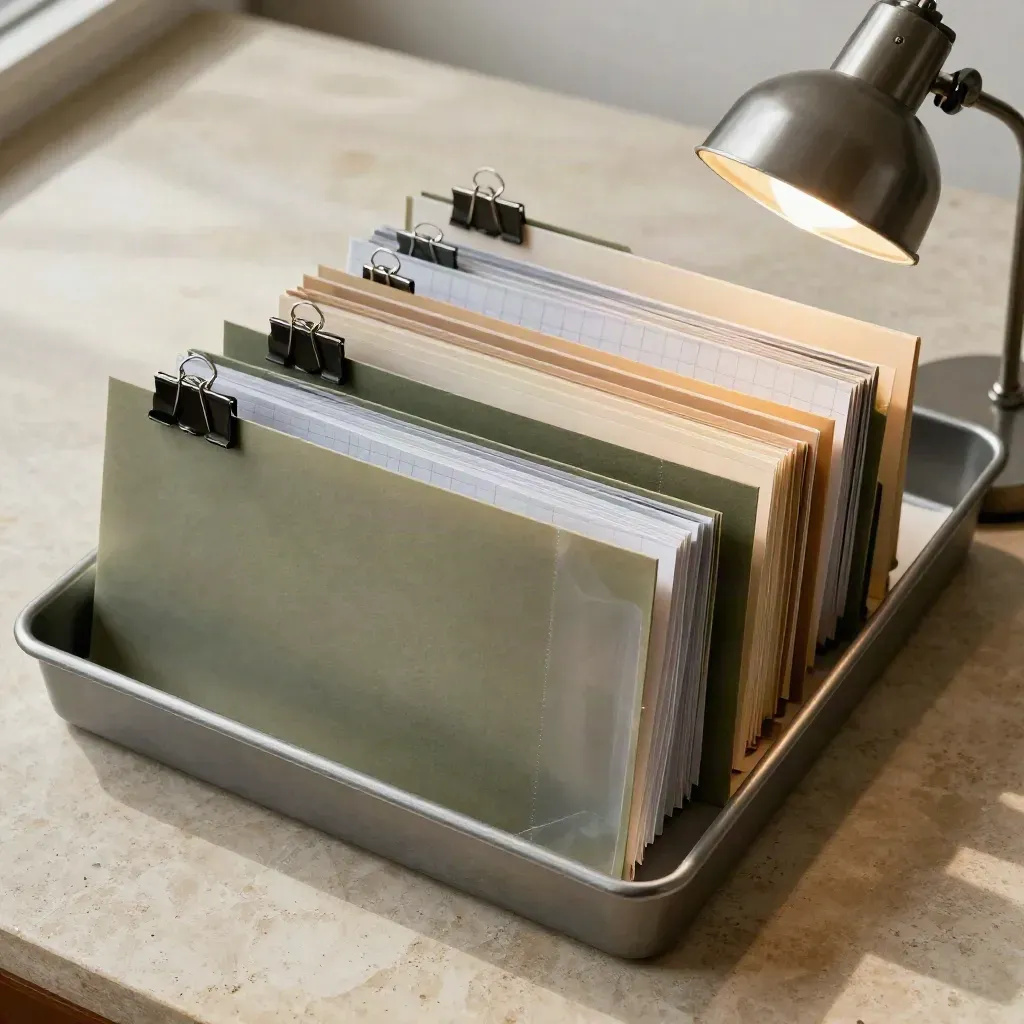 Open archive tray with split due-diligence folders, sleeves, tabs, and inspection lamp