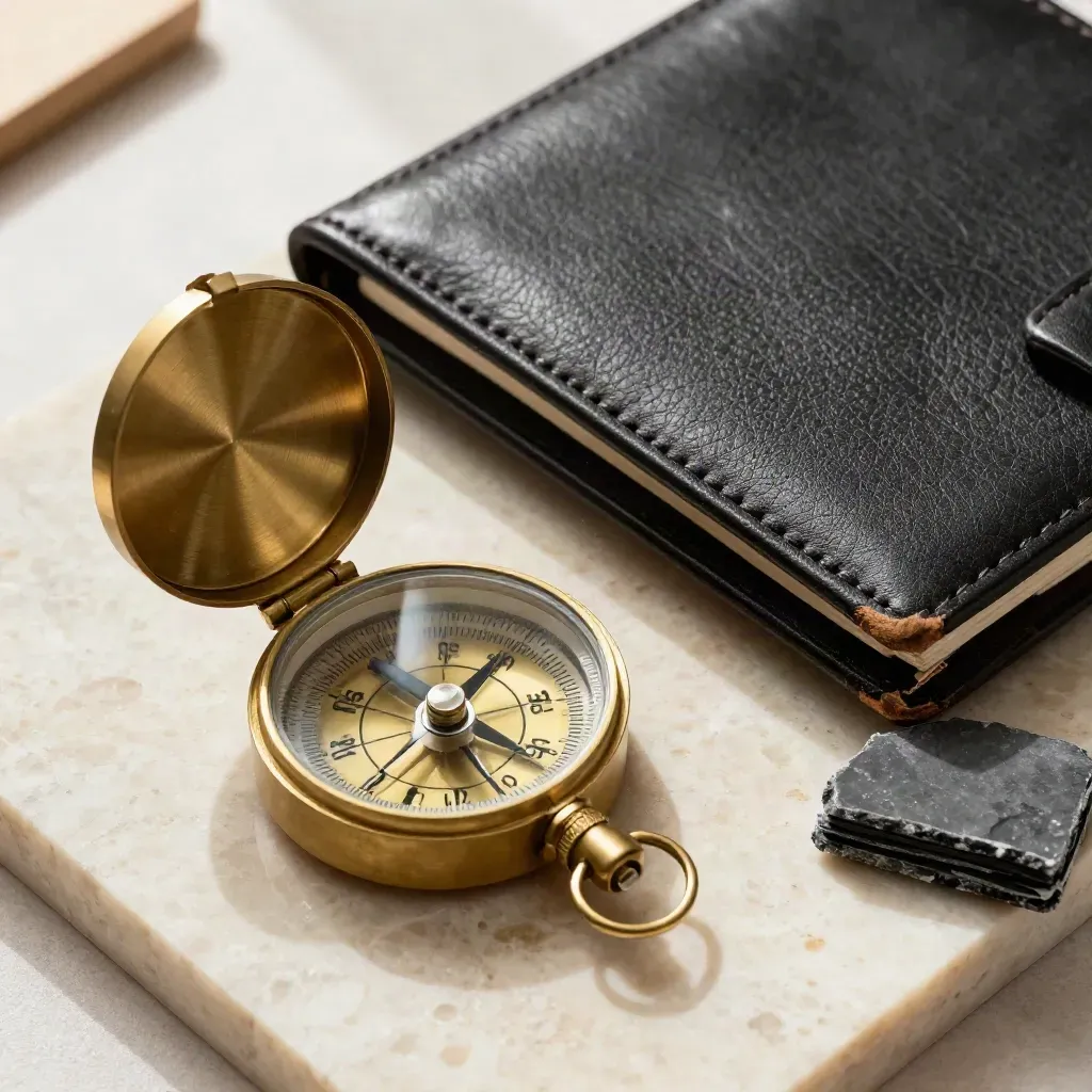Macro of a brass compass, leather folio and slate briefing blocks on travertine.