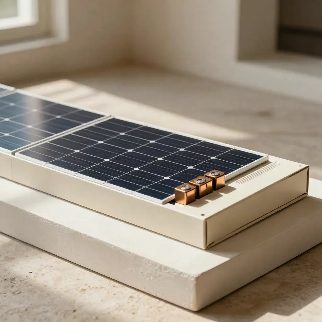 Mini solar tiles, brushed battery blocks, and a closed board pack on pale plaster in dramatic light.