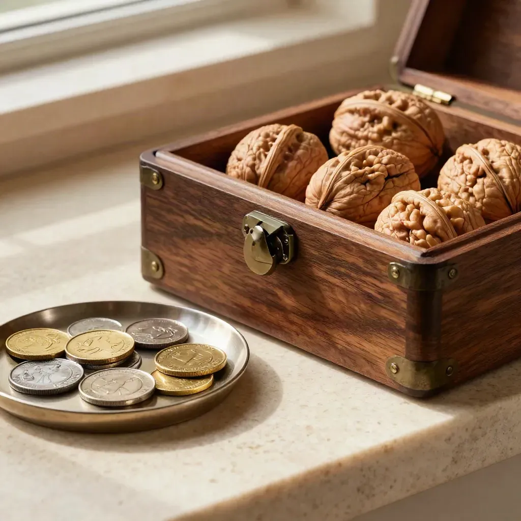 Walnut portfolio case with mixed metal tokens and a brushed tray in close-up.