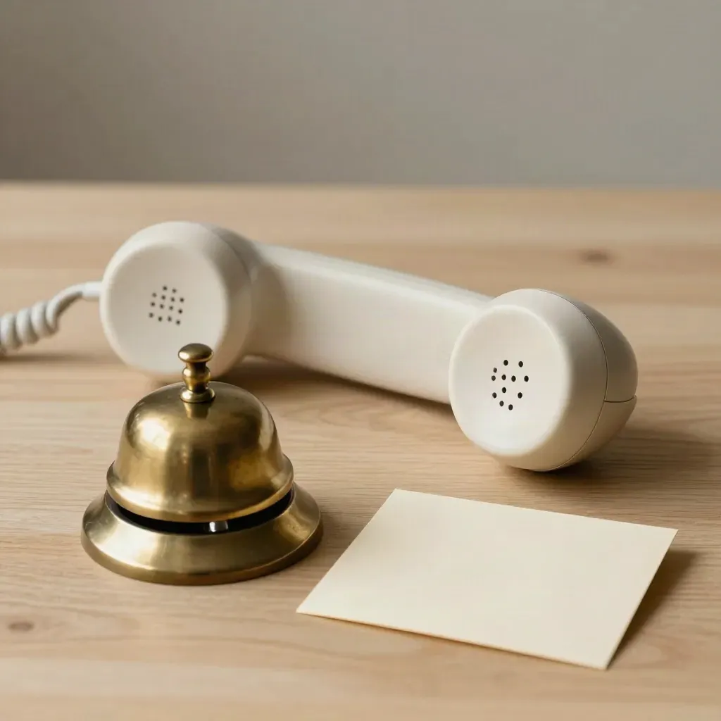 Ivory handset, brass bell, and folded appointment card on pale wood