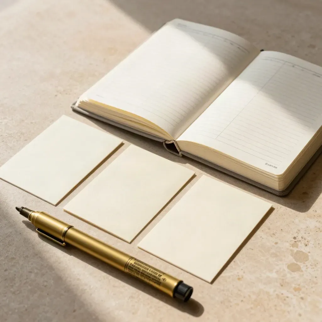 Top-down still life of a ledger, brass markers and blank cards on pale plaster.