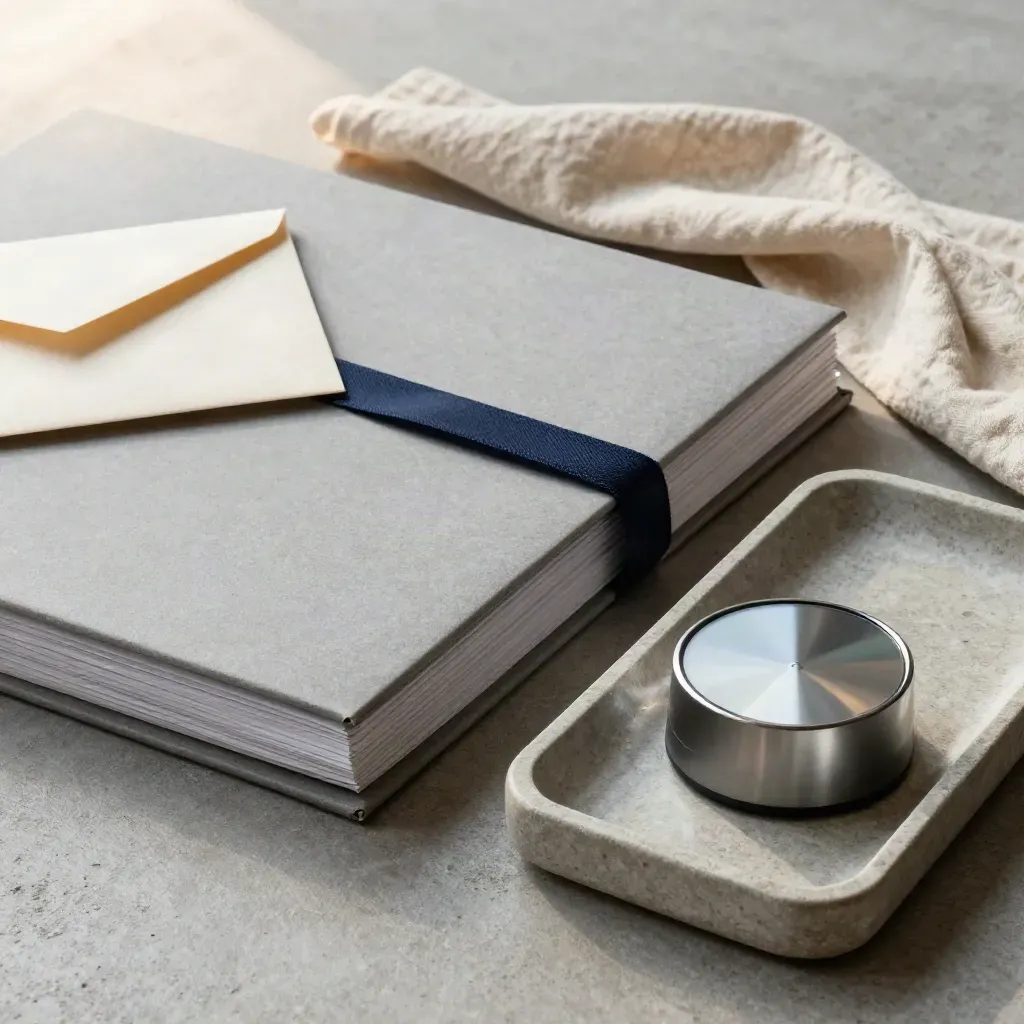 Folders, sealed envelope and timer arranged in a stone tray on concrete