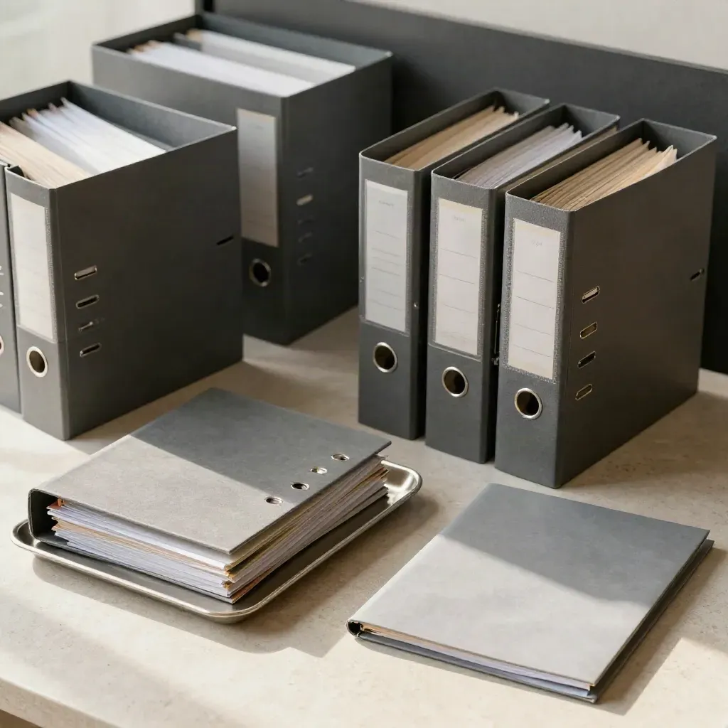 Overhead flatlay of slate binders, clipped files, and a brushed tray on pale stone.