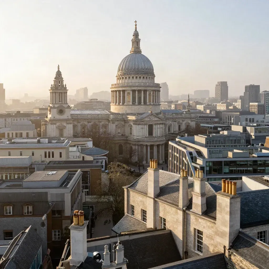 London skyline at first light with St Paul’s high above haze and soft rooftops