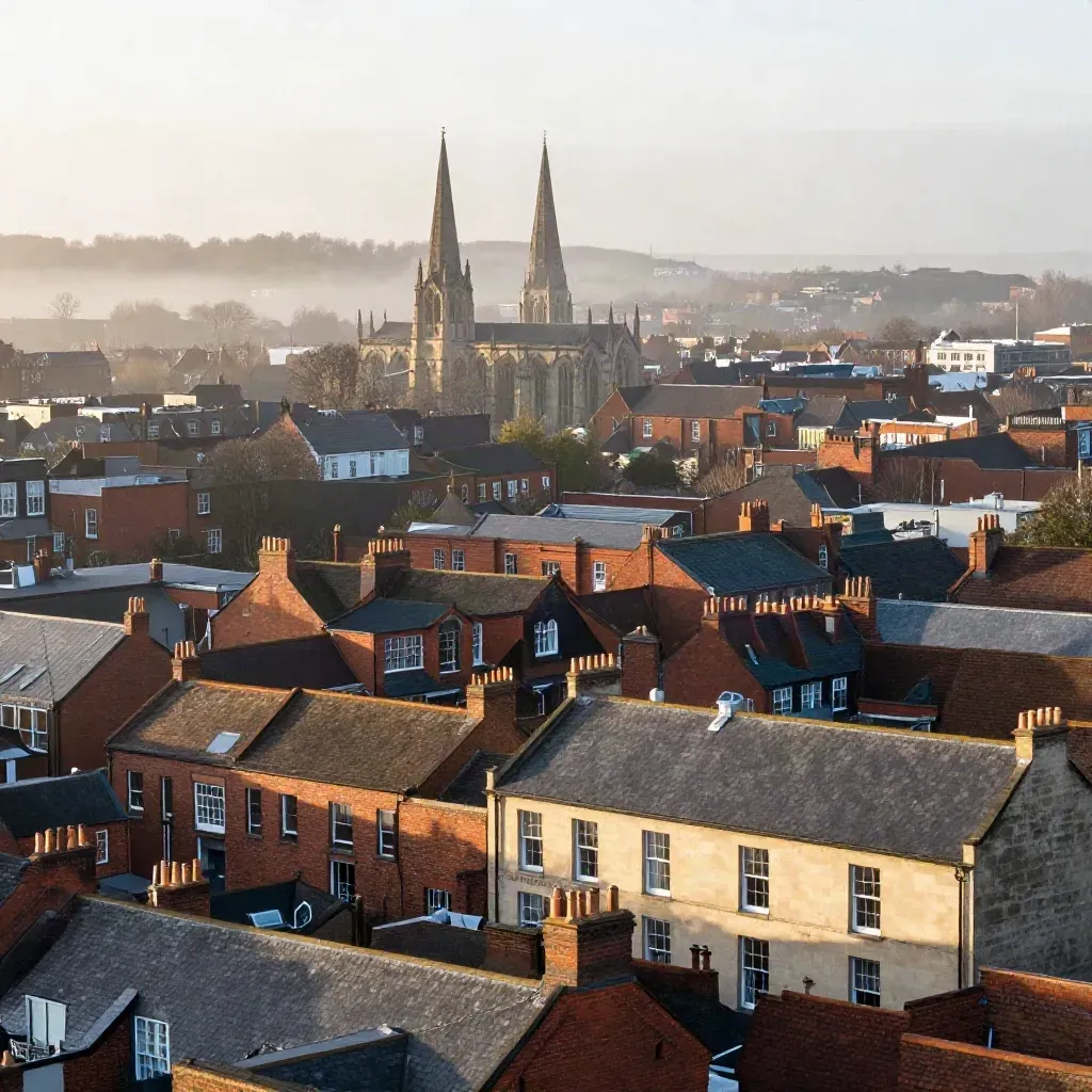 Misty UK city rooftops and cathedral spires under a pale dawn sky