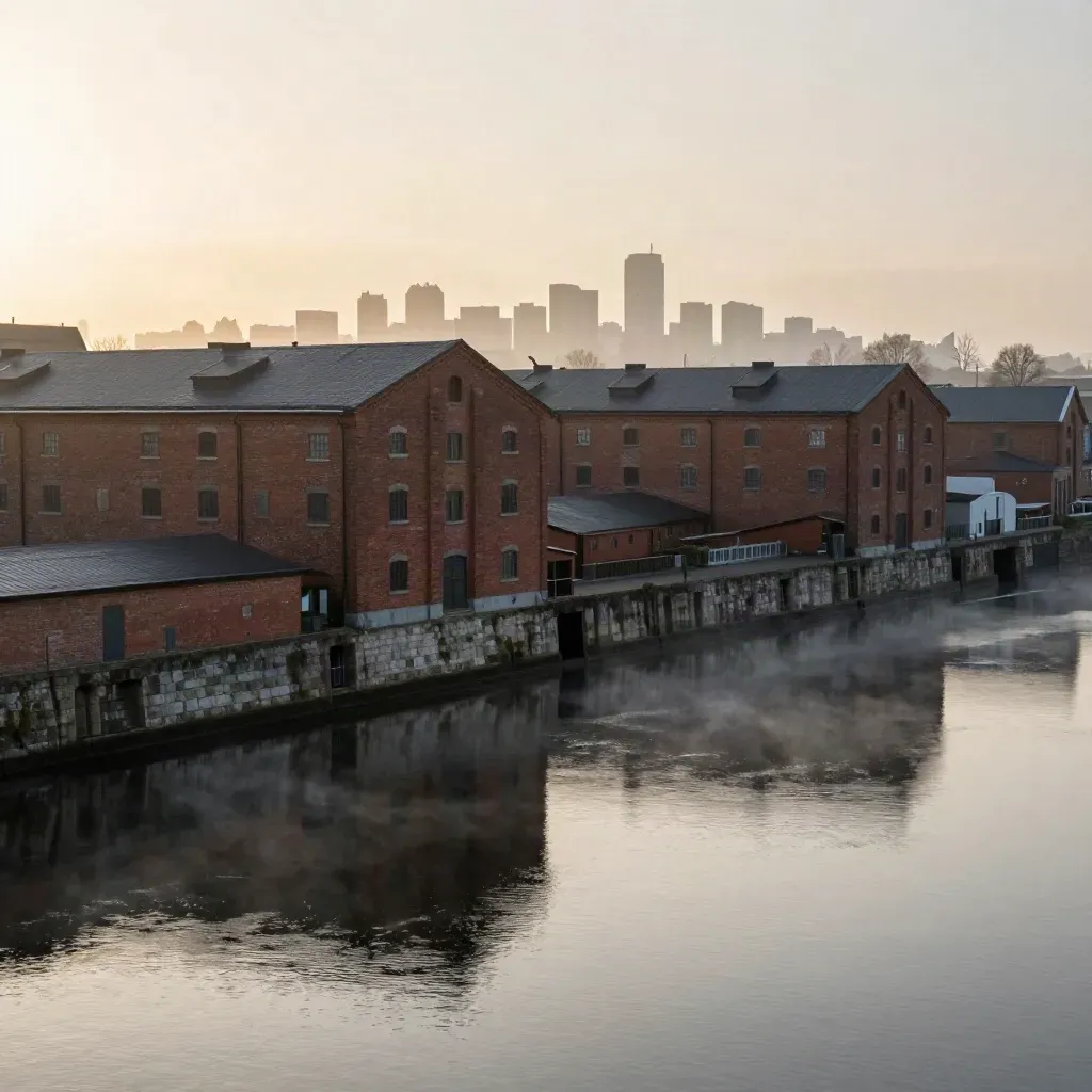 Hazy North West canal basin with red-brick warehouses and a distant skyline above calm reflective water.