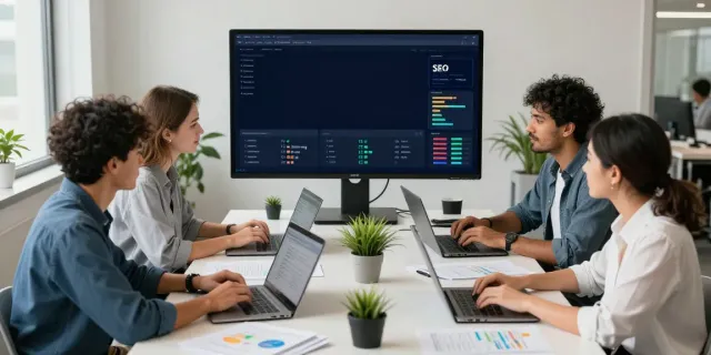 SEO experts strategizing on instant indexing improvements in a modern office.
