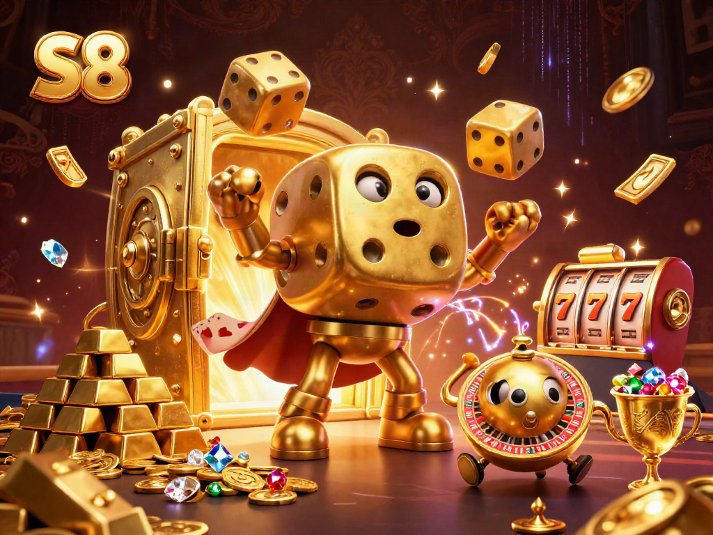 S8 rolls the dice in an excitement-filled casino scene, showcasing rich gold elements and vibrant jackpots.