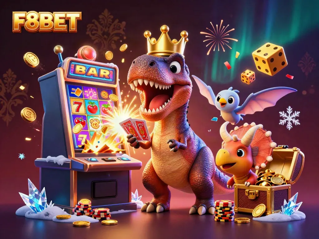 Experience the excitement of F8BET with a T-Rex shuffling cards while a baby triceratops stacks golden chips.