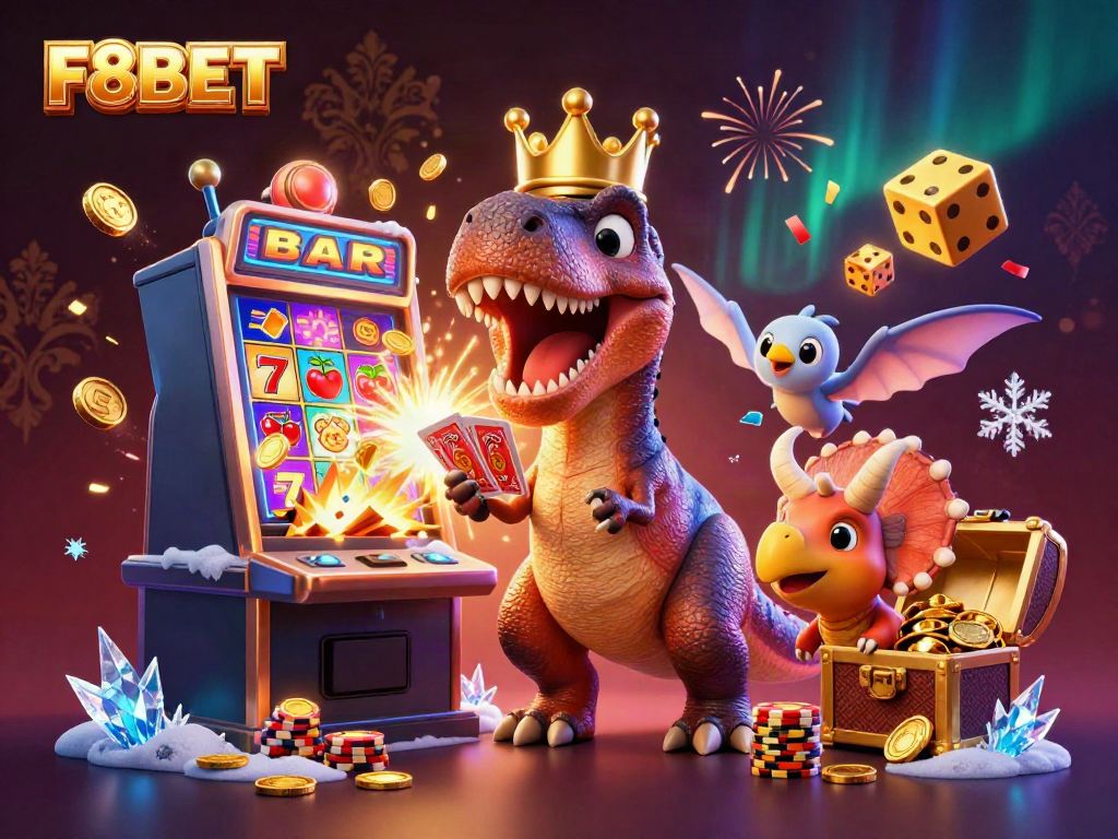 Experience the excitement of F8BET with a T-Rex shuffling cards while a baby triceratops stacks golden chips.
