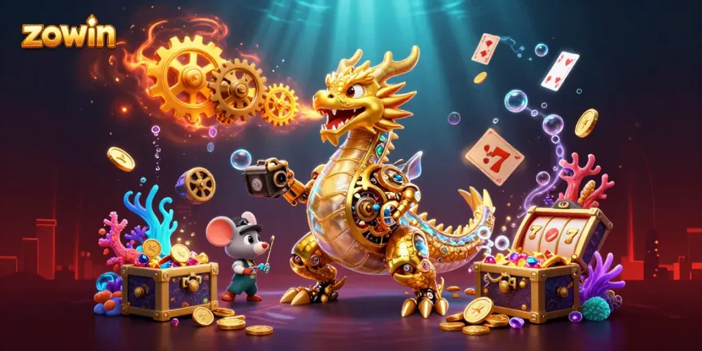 Zowin's vibrant casino world featuring a golden dragon and dynamic game elements like slot reels, gems, and glowing cards.