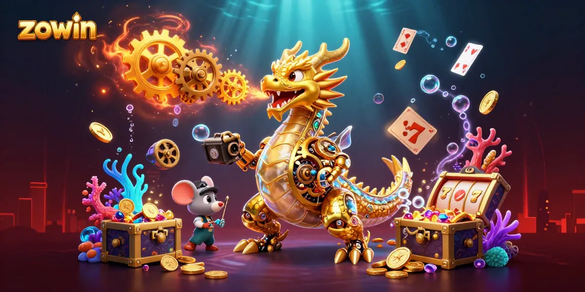 Zowin's vibrant casino world featuring a golden dragon and dynamic game elements like slot reels, gems, and glowing cards.