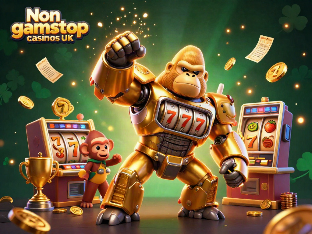 Engage with Non gamstop casinos UK through an immersive 3D casino scene featuring a golden gorilla mech.