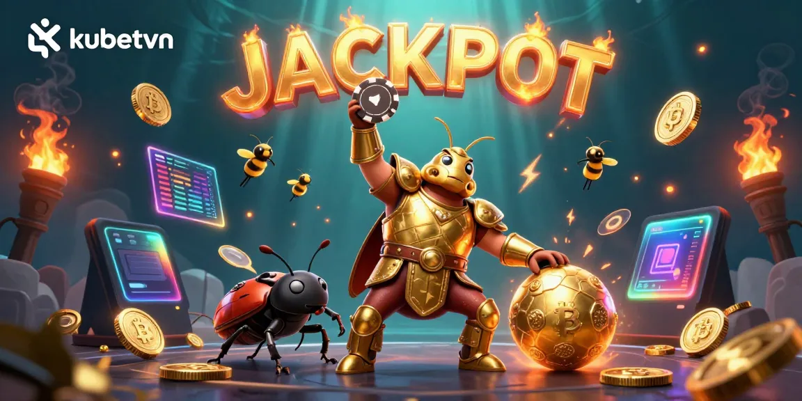 Celebrate your wins at kubetvn with a victorious beetle champion among crypto-themed casino elements.