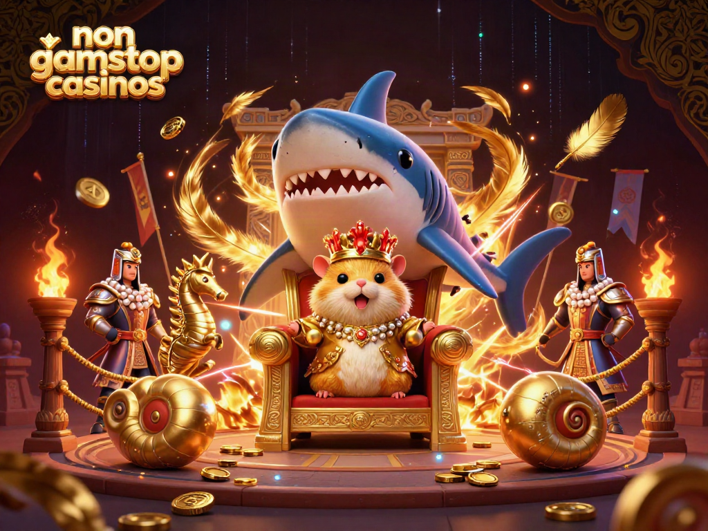 Experience thrilling non gamstop casinos with a whimsical gold hamster king on a megalodon throne.