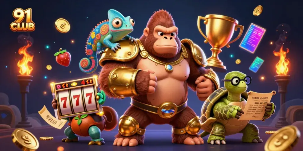 Experience thrilling gameplay with 91 CLUB featuring a dynamic gorilla and colorful elements.