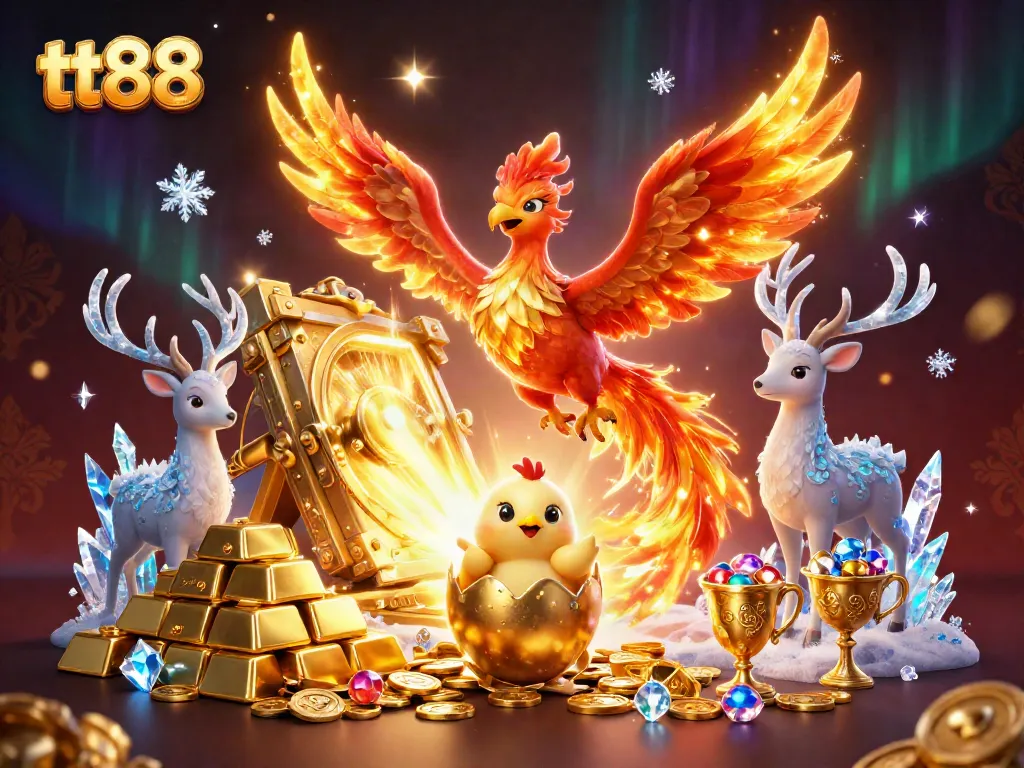 Witness tt88's exciting gaming realm with a fire phoenix and golden treasures illuminating the scene.