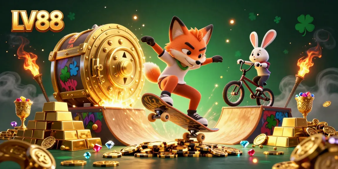 Experience thrilling action in LV88 as a skateboarder fox and BMX-riding rabbit enjoy a vibrant casino adventure.