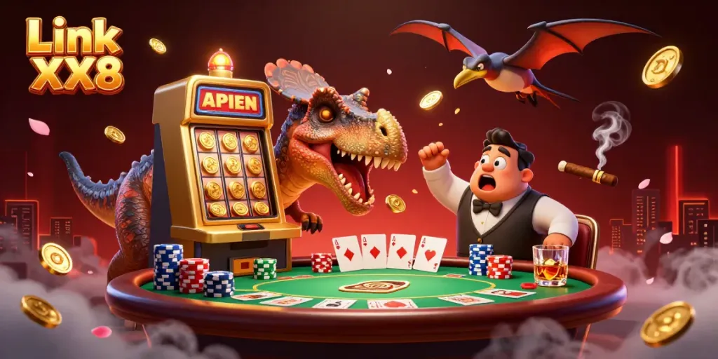 Engage with Link XX8 as a cartoon pachycephalosaurus wins jackpots, surrounded by vibrant casino elements.