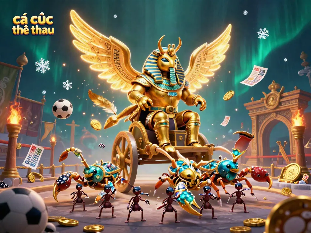 Engage in cá cược thể thao with vibrant visuals of a golden scarab and dynamic sports elements.