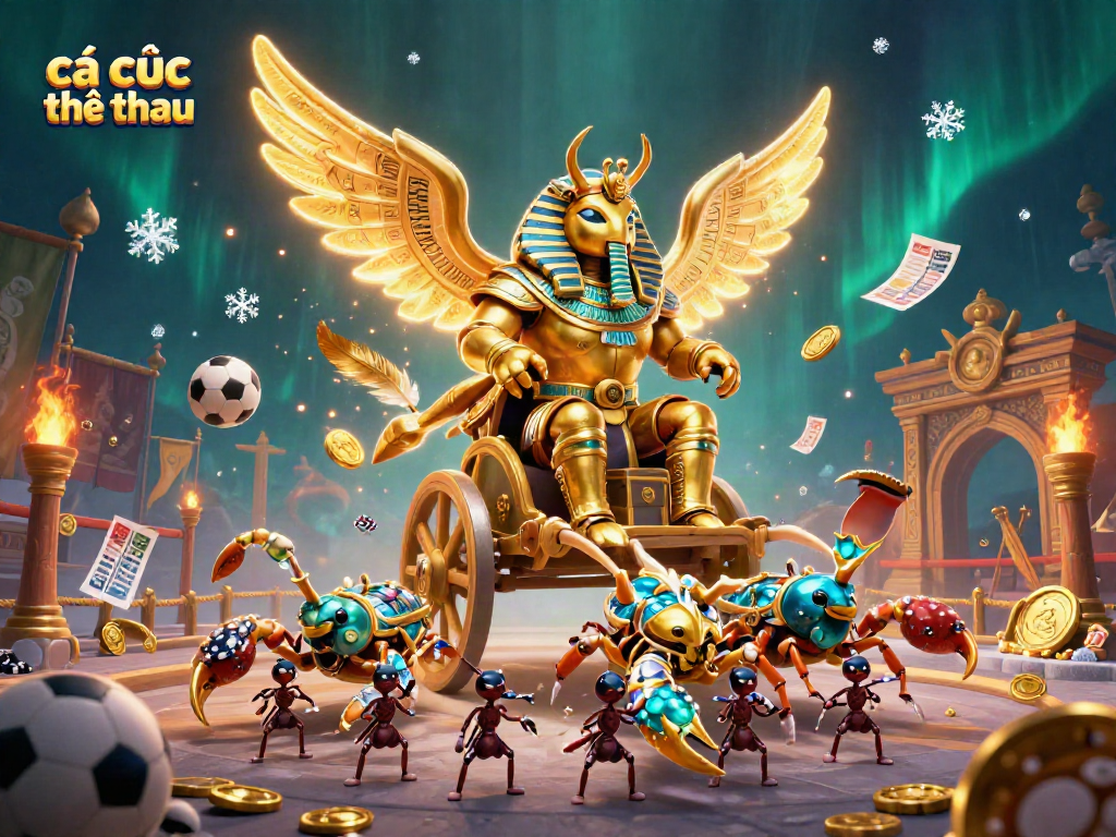 Engage in cá cược thể thao with vibrant visuals of a golden scarab and dynamic sports elements.