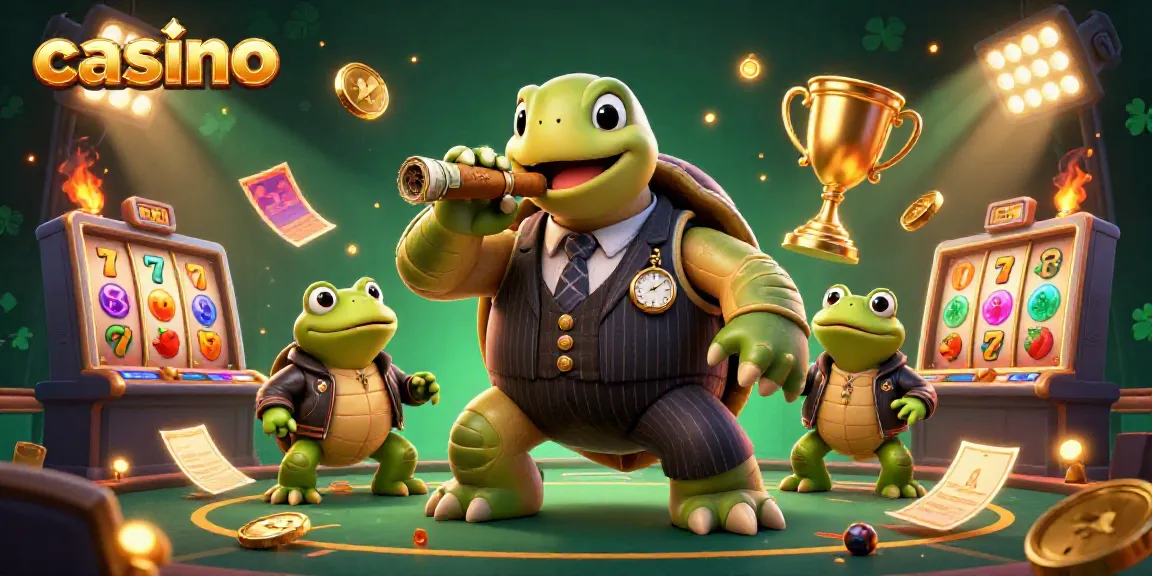 Casino-themed illustration featuring cartoon turtle and bullfrog enforcers amidst dynamic game elements.