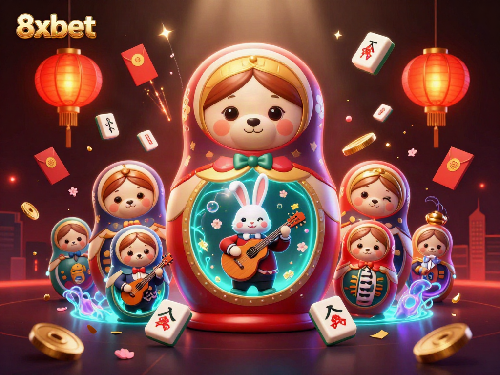 Experience the thrill of 8xbet with vibrant casino-themed characters in a 3D illustration, depicting excitement and joy.