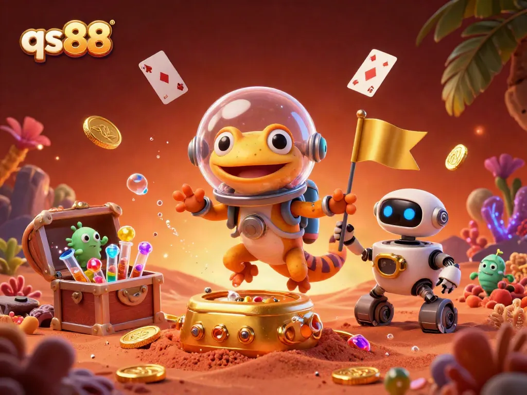 qs88 invites players to uncover treasures in a vibrant, dynamic casino-themed illustration.