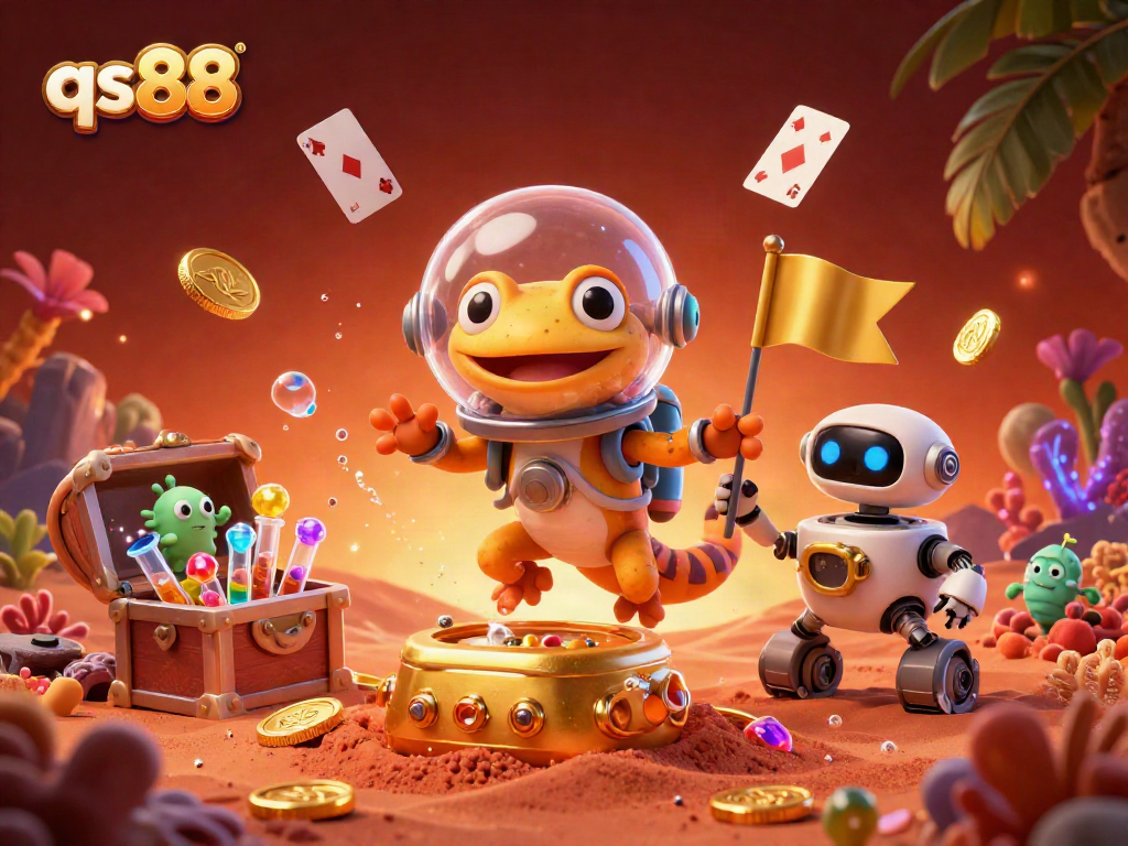 qs88 invites players to uncover treasures in a vibrant, dynamic casino-themed illustration.