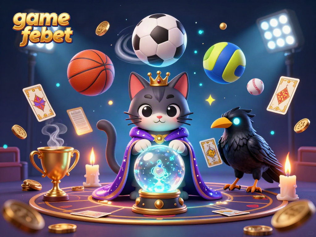 Engage in the game febet with a mystic fortune teller cat, sports elements, and vibrant casino atmosphere.
