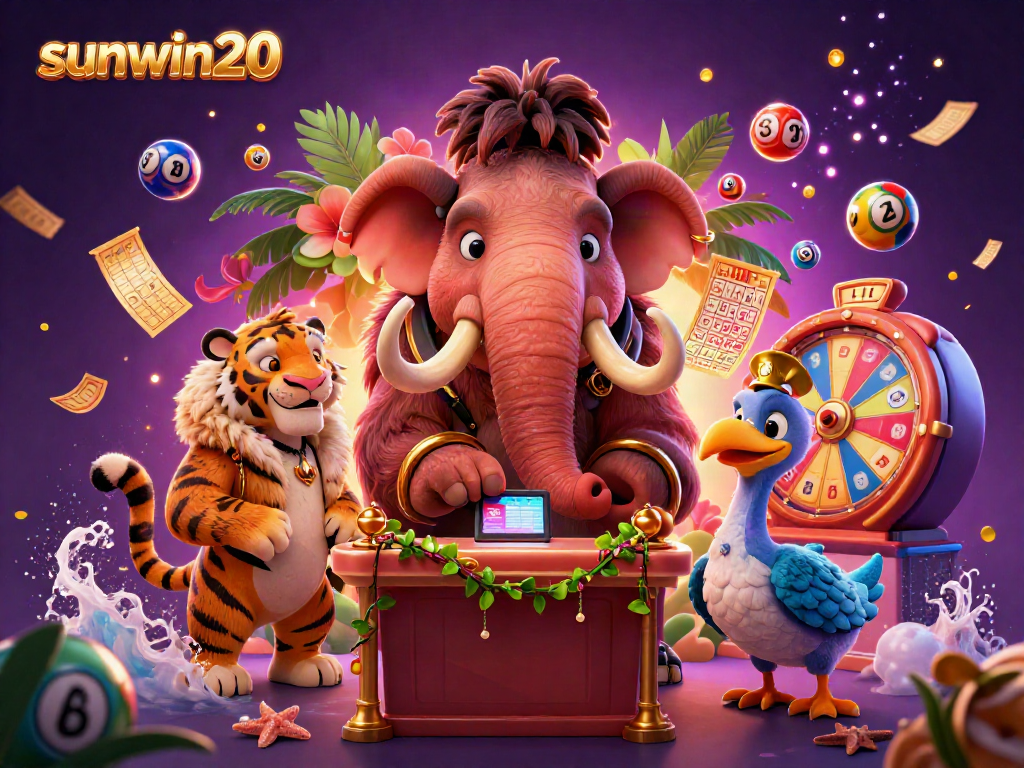 Experience the excitement of sunwin20 as a woolly mammoth checks IDs at the casino door amidst vibrant lottery elements.