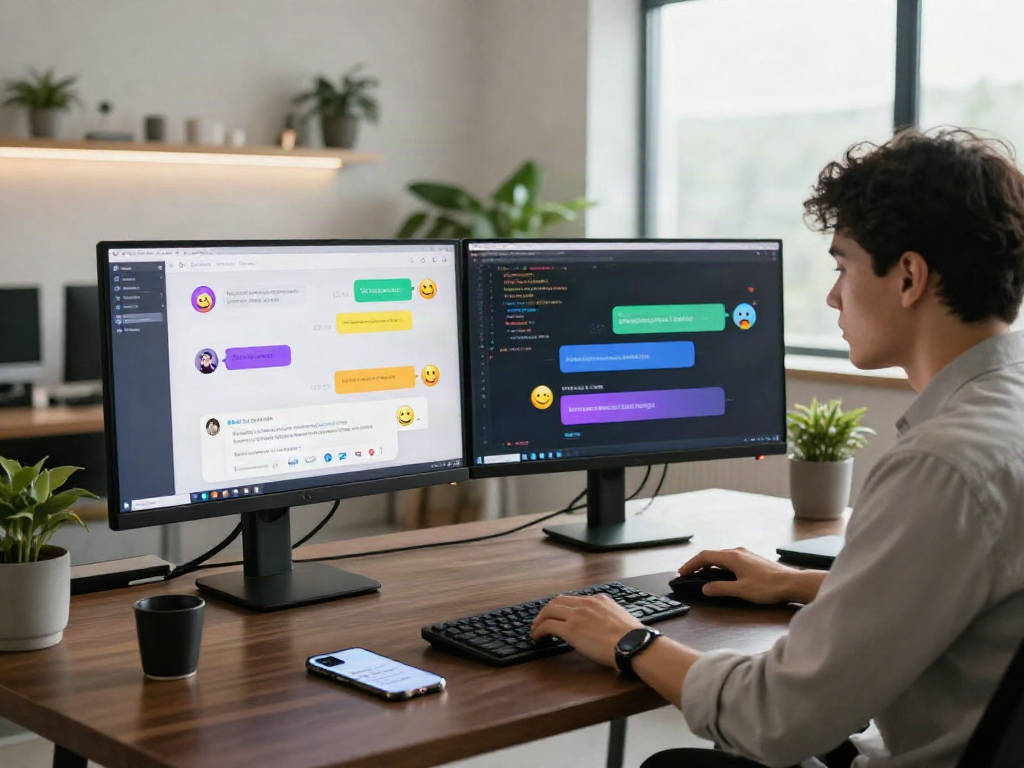 Engaging NSFW AI chat interface in a modern workspace with vibrant displays and interactive elements.