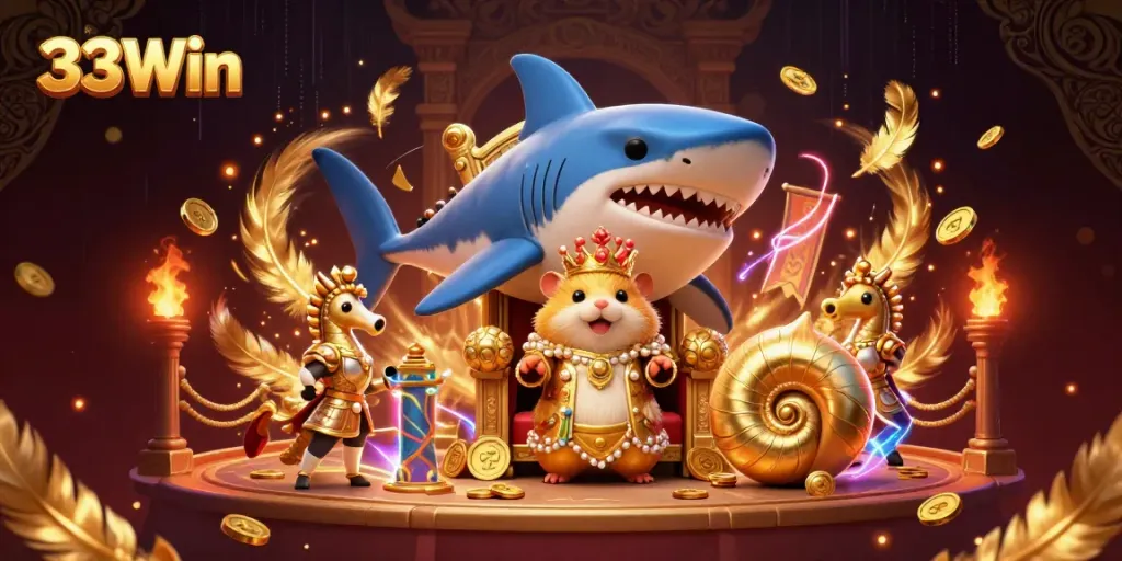 33Win features a golden hamster king in a thrilling casino setting, emphasizing excitement and gameplay.