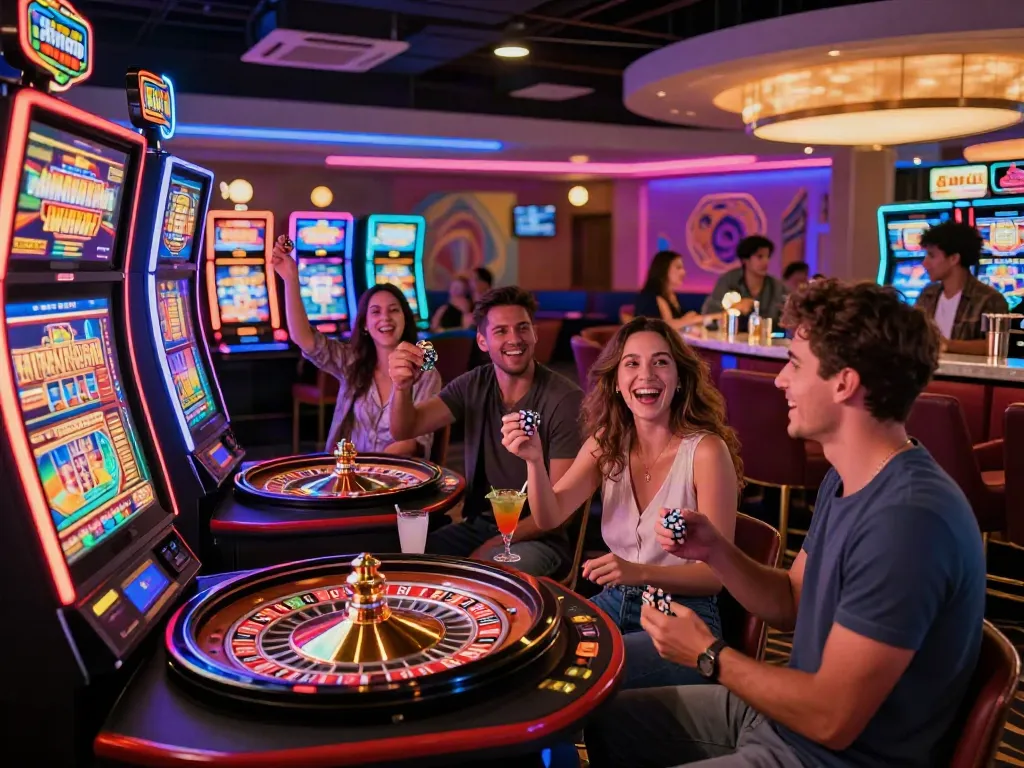 Friends enjoying a fun night at casinos not on GamStop with slot machines and vibrant atmosphere.