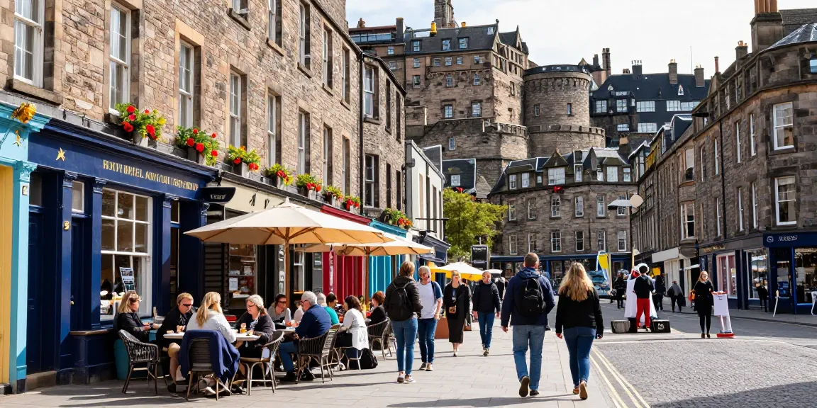 Edinburgh short-term rental management showcasing a lively street scene with tourists and local attractions.